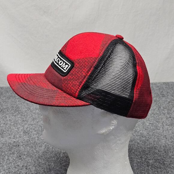 Volcom Red Plaid Wool Blend Trucker Hat Snapback Cap Mesh Back Skate Streetwear - Picture 2 of 9